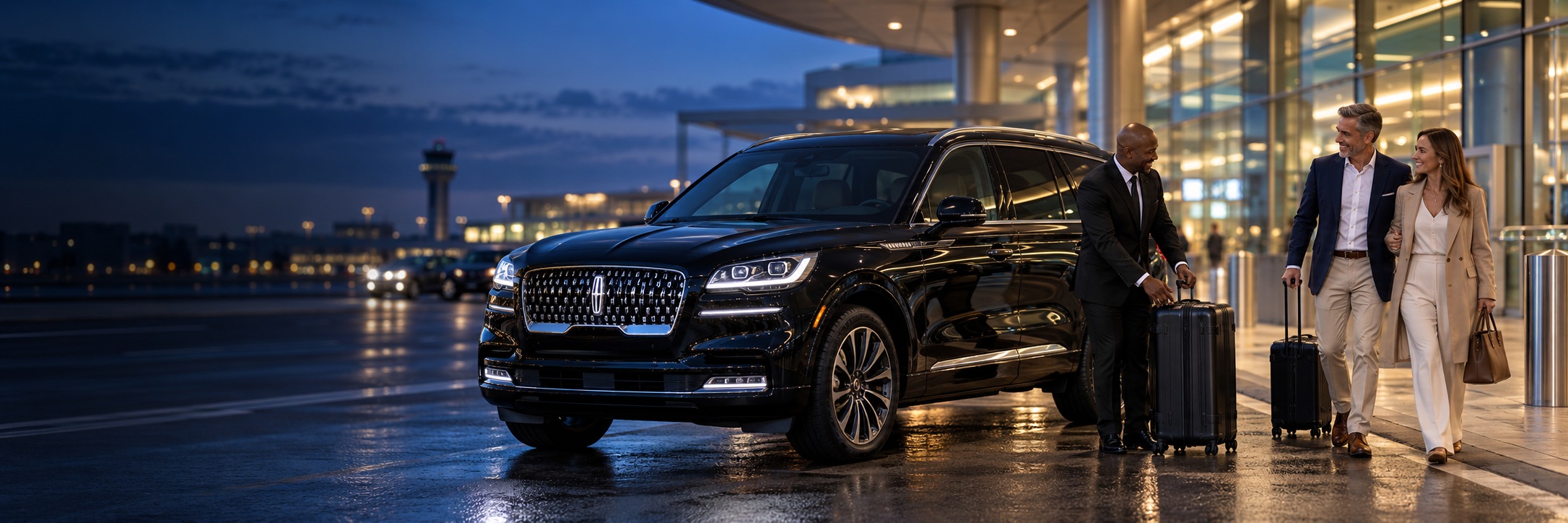 Black luxury aviator with professional chauffeur and smiling clients