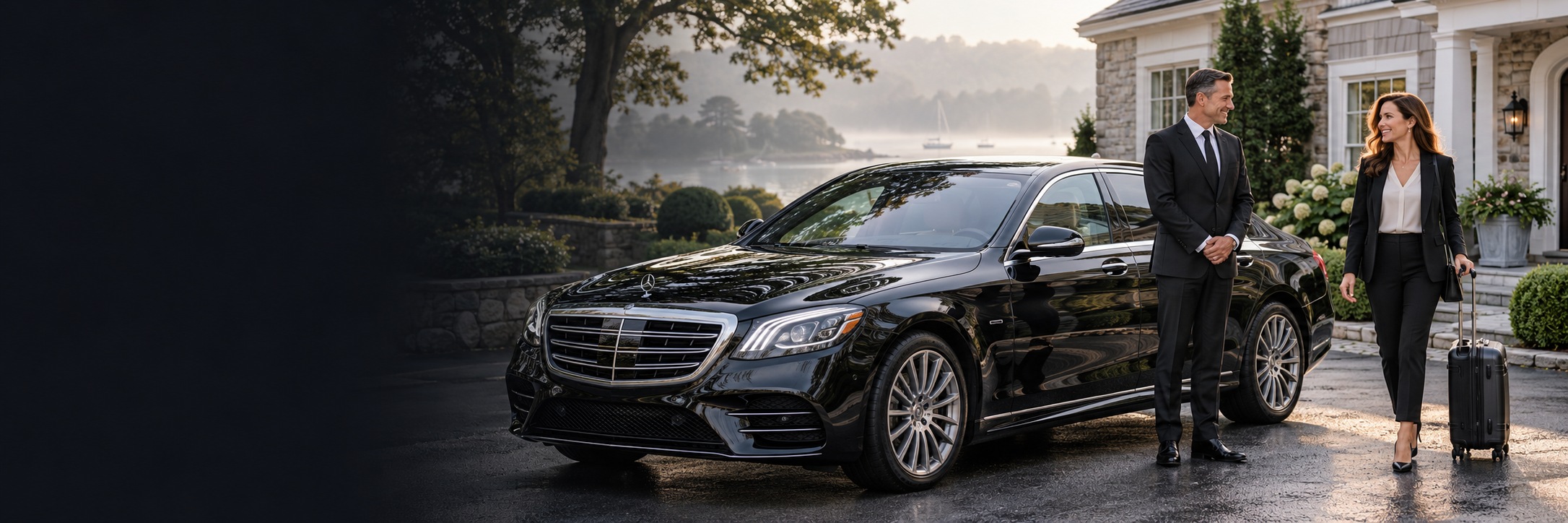 Black luxury sedan with professional chauffeur and smiling clients